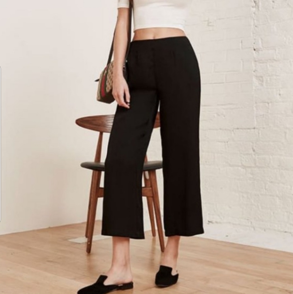 Reformation Flowy Black Trouser Pant Lined 100% Viscose Ankle Crop Slacks